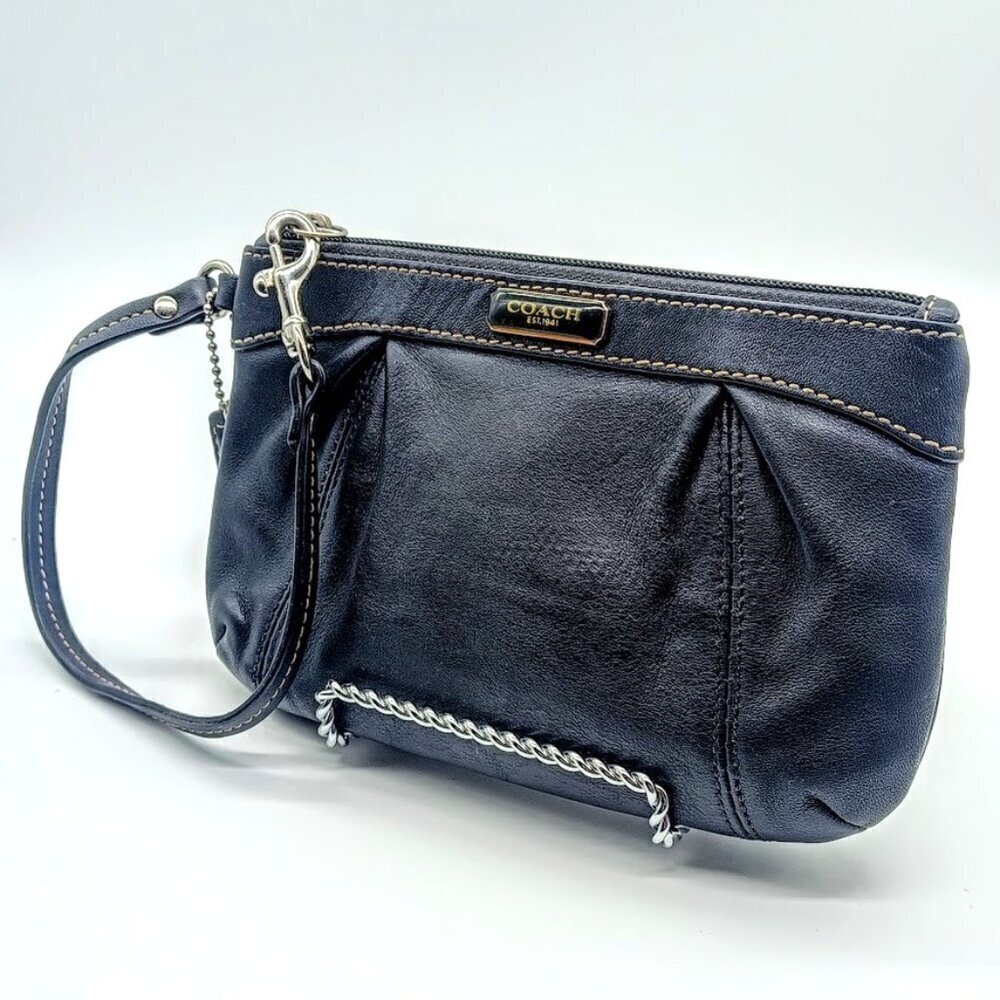 Vintage Coach Blue Black Pleated Leather Wristlet